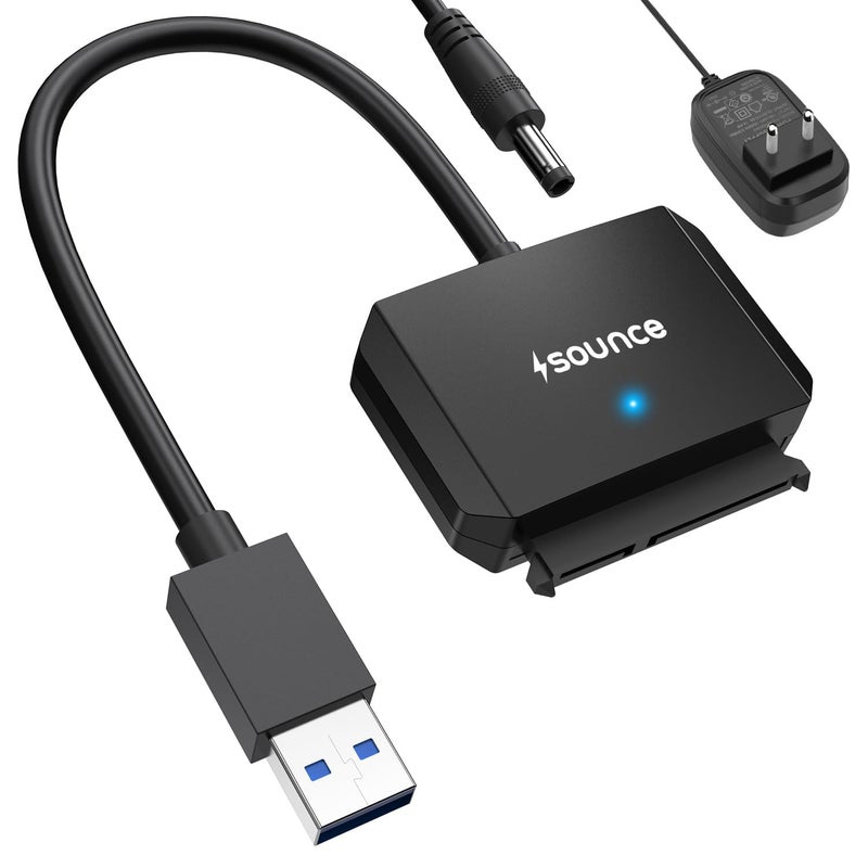 Sounce SATA Cable USB 3.0 to SATA III Hard Disk Connector for 3.5 2.5 inch SSD & HDD Hard Drive Disk and SATA Optical Drive with 12V 2A Power Adapter External Hard Disk Adapter Support UASP - Black - Image 1