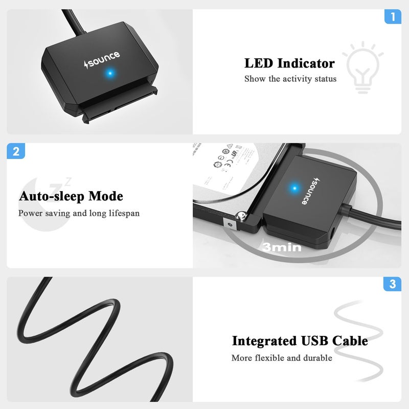 Sounce SATA Cable USB 3.0 to SATA III Hard Disk Connector for 3.5 2.5 inch SSD & HDD Hard Drive Disk and SATA Optical Drive with 12V 2A Power Adapter External Hard Disk Adapter Support UASP - Black - Image 2