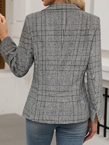 ELLEVEN Womens Casual Plaid Blazer Lapel Collar Double Button Long Sleeve Boyfriend Blazer Suit Houndstooth Plaid Blazer Jacket Business Work Office Blazer Suits Black Plaid X-Large - Image 2
