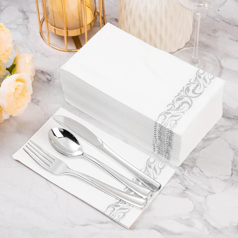 BESTVIP 200 Pack Disposable Paper Napkins, 3-Ply Dinner Napkins with Silver Trim for Guests, Bathroom Paper Hand Towels Soft & Absorbent, Perfect for Christmas, Kitchen, Dinner, Party, Wedding, Event - Image 2