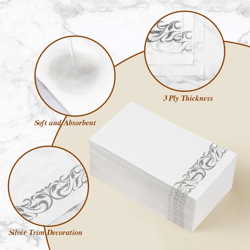 BESTVIP 200 Pack Disposable Paper Napkins, 3-Ply Dinner Napkins with Silver Trim for Guests, Bathroom Paper Hand Towels Soft & Absorbent, Perfect for Christmas, Kitchen, Dinner, Party, Wedding, Event - Image 3