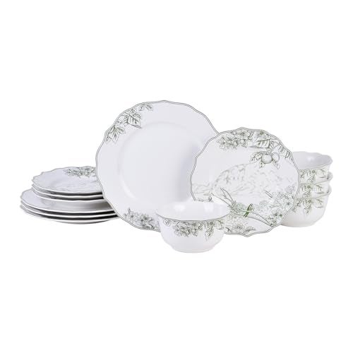 222 Fifth 12-Piece Porcelain Dinnerware Set for 4, Elegant Floral Plates and Bowls Sets-White/Green Ceramic Dishes, Chip Resistant Kitchen & Dining Dish Set, Microwave & Dishwasher Safe, Hudson Valley - Image 1