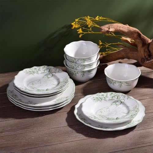 222 Fifth 12-Piece Porcelain Dinnerware Set for 4, Elegant Floral Plates and Bowls Sets-White/Green Ceramic Dishes, Chip Resistant Kitchen & Dining Dish Set, Microwave & Dishwasher Safe, Hudson Valley - Image 2