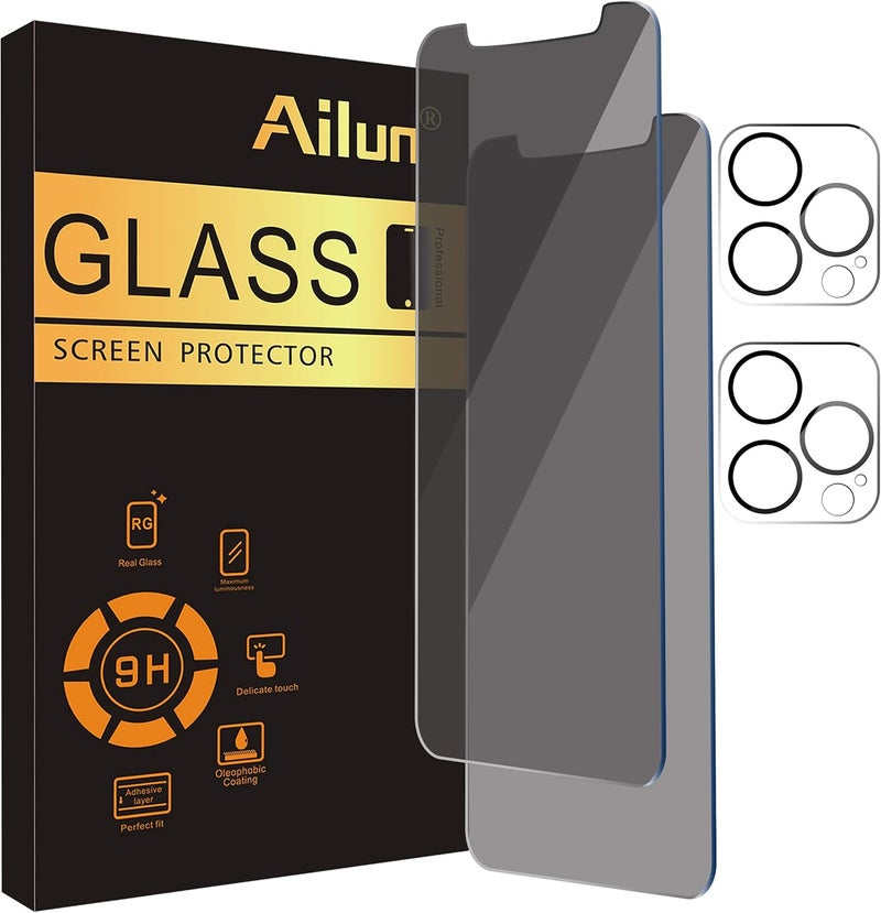 Ailun 2Pack Privacy Screen Protector for iPhone 12 Pro [6.1 inch] + 2 Pack Camera Lens Protector, Anti Spy Private Tempered Glass Film,[9H Hardness] - HD - Image 1