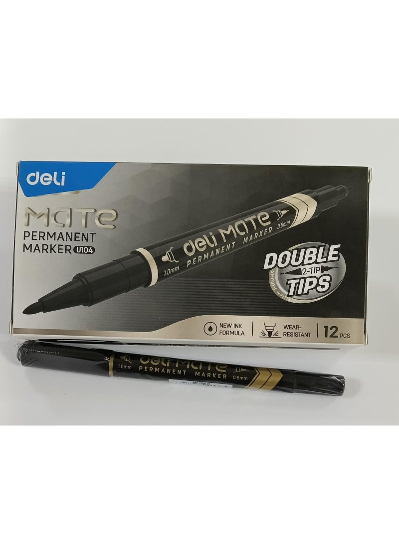 ديلي قلم تحديد دائم ذو رأسين من ديلي U104، عبوة من 12 قلمًا أسود اللون - Image 1