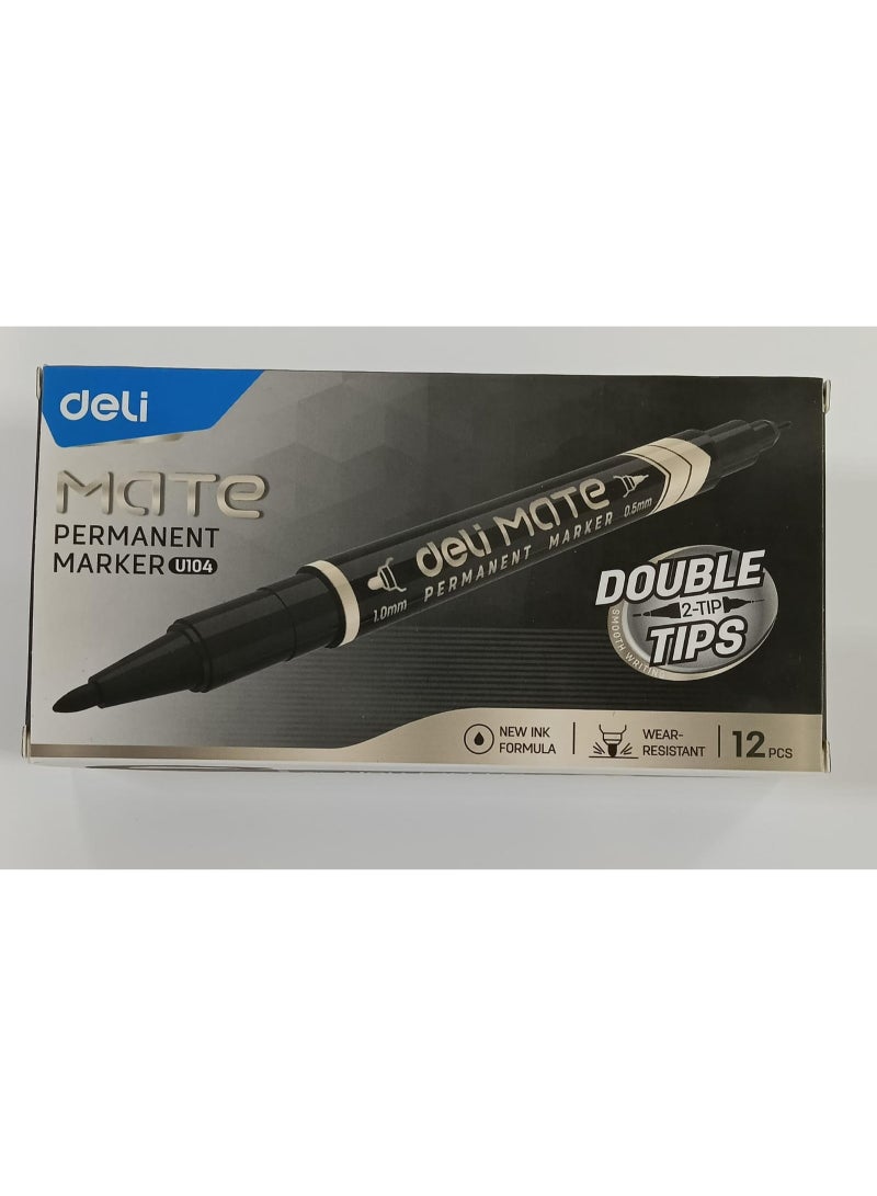 ديلي قلم تحديد دائم ذو رأسين من ديلي U104، عبوة من 12 قلمًا أسود اللون - Image 2