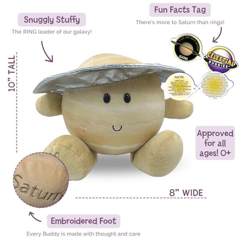Celestial Buddies Saturn Buddy | 10" Soft Stuffed Plush, Embroidered Features, Fun Planet Facts Tag for Kids â€“ STEM Learning, Educational Gift, Classroom & Homeschool Science Space Astronomy | 0+ - Image 2