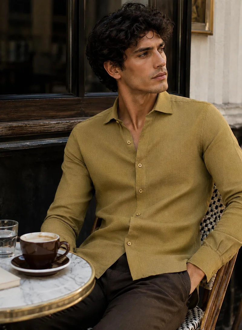 CAHOOT Men's Olive Plain/Basic Regular Shirt For Casual Wear | Collared Neck | Long Sleeve | Button Closure | Viscose Blend Shirt Crafted With Comfort Fit For Everyday Wear