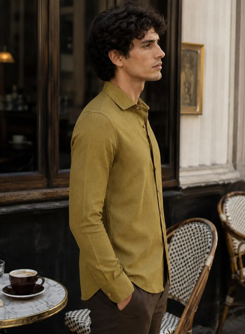 CAHOOT Men's Olive Plain/Basic Regular Shirt For Casual Wear | Collared Neck | Long Sleeve | Button Closure | Viscose Blend Shirt Crafted With Comfort Fit For Everyday Wear