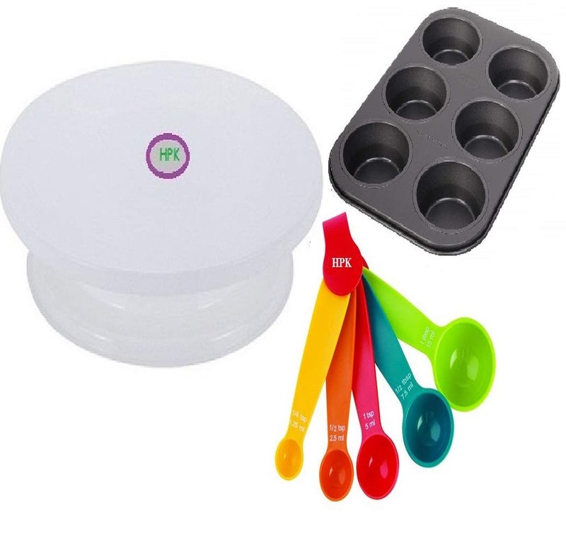 hpk Cake Decorating and Display Rotating Table with 6 Pieces Muffin Tray and 5 Small Measuring Spoons - Image 1