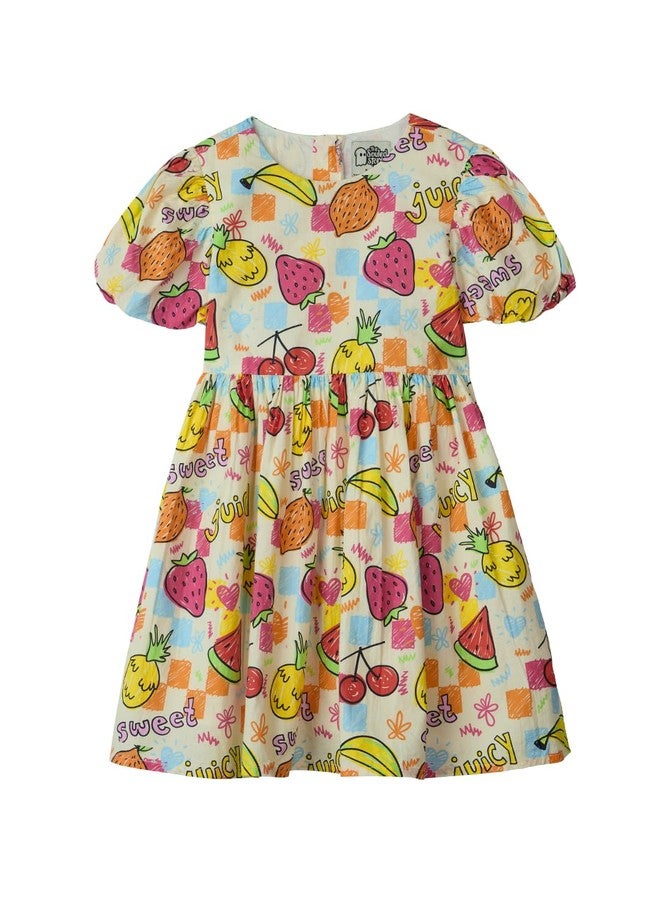 The Souled Store Summer Sweet Girls Short Sleeves Round Neck Multi Colored All Over Printed A Line Cotton Dresses (2-8 Yrs) - Image 1