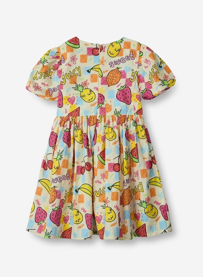 The Souled Store Summer Sweet Girls Short Sleeves Round Neck Multi Colored All Over Printed A Line Cotton Dresses (2-8 Yrs) - Image 2