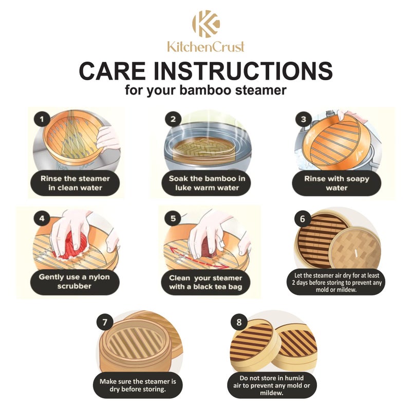 KITCHENCRUST Bamboo Steamer Basket for Chinese Asian Cuisine - 2 Tier 10-Inch Steaming Basket Bun Vegetable Bao Buns, Sauce Dish, Chopsticks, Reusable Liners - Image 3