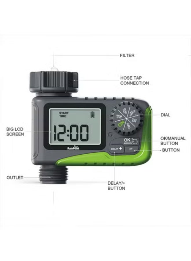RAINPOINT مؤقت رش، مؤقت مياه قابل للبرمجة لخرطوم الحديقة، مؤقت خرطوم امتصاص خارجي مع تأخير المطر/نظام سقاية يدوي/تلقائي، مؤقت ري رقمي للفناء والحديقة ومنفذ واحد - Image 2