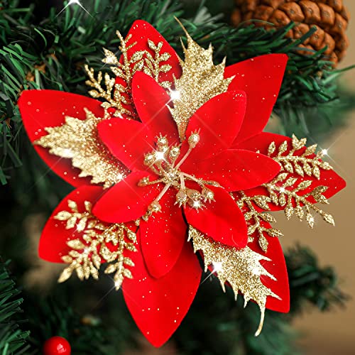 Kisflower 24PCS Poinsettia Artificial Flowers Red Gold Christmas Flower Decorations with Clips and Stems Glitter Christmas Tree Ornaments for Xmas New Year Wedding Party Red Gold - Image 1
