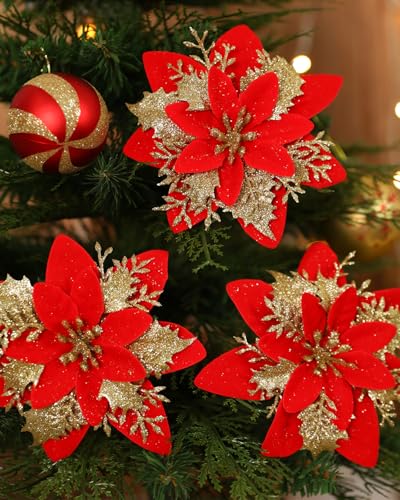 Kisflower 24PCS Poinsettia Artificial Flowers Red Gold Christmas Flower Decorations with Clips and Stems Glitter Christmas Tree Ornaments for Xmas New Year Wedding Party Red Gold - Image 3