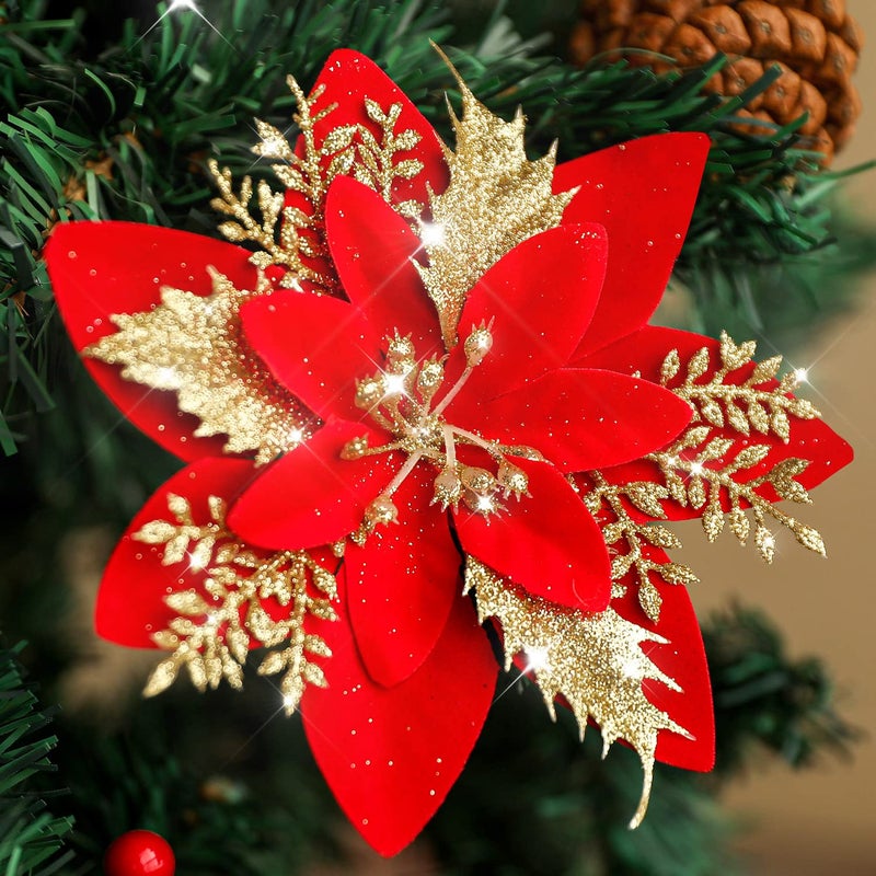 Kisflower 24PCS Poinsettia Artificial Flowers Red Gold Christmas Flower Decorations with Clips and Stems Glitter Christmas Tree Ornaments for Xmas New Year Wedding Party Red Gold - Image 2