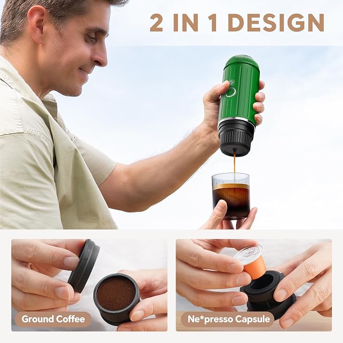 i cafilas Portable Espresso Machine Self-Heating | Battery Powered Coffee Maker for Camping without Electricity| 2-in-1 Ground Coffee&NS Capsule|19 Bar| USB-C Fast Charge| Green Coffee Maker for Car - Image 3
