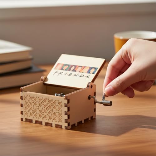 OFFO Hand Crank Wooden Music Box – Friends TV Show Theme Tune | Vintage Gift for Friends Fans, Boys, Girls & Adults | Nostalgic Collectible Décor for Bedroom, Desk & Shelf - Image 4