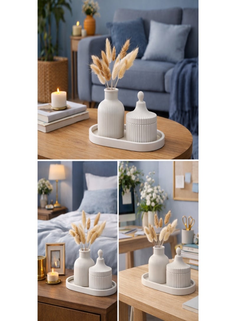 White Bohemian Concrete Decor Set – 3 Piece Home Accent (Vase, Jewelry Box & Tray) - Image 3