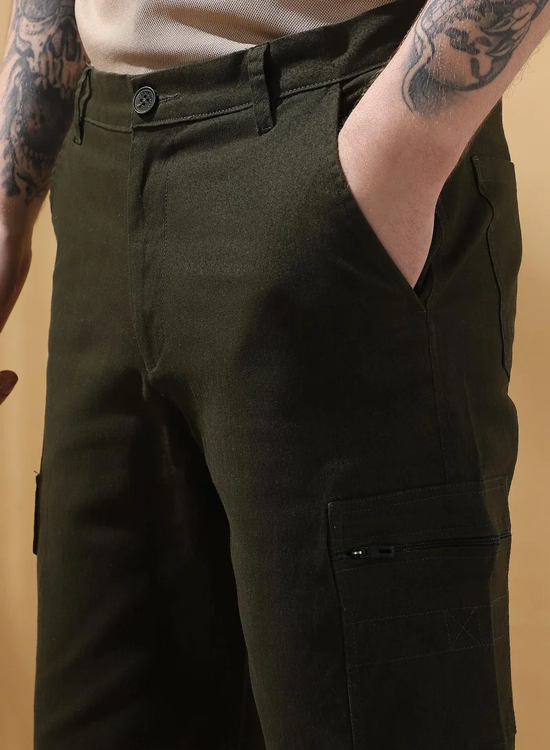 Dennis Lingo Men's Olive 100% Cotton Solid Cropped Cargo Regular Fit Shorts
