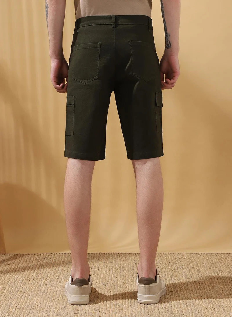 Dennis Lingo Men's Olive 100% Cotton Solid Cropped Cargo Regular Fit Shorts