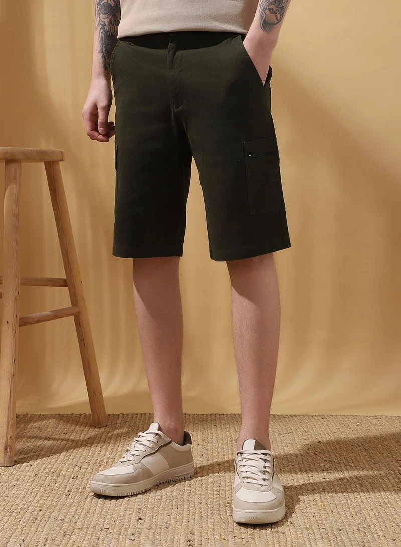 Dennis Lingo Men's Olive 100% Cotton Solid Cropped Cargo Regular Fit Shorts