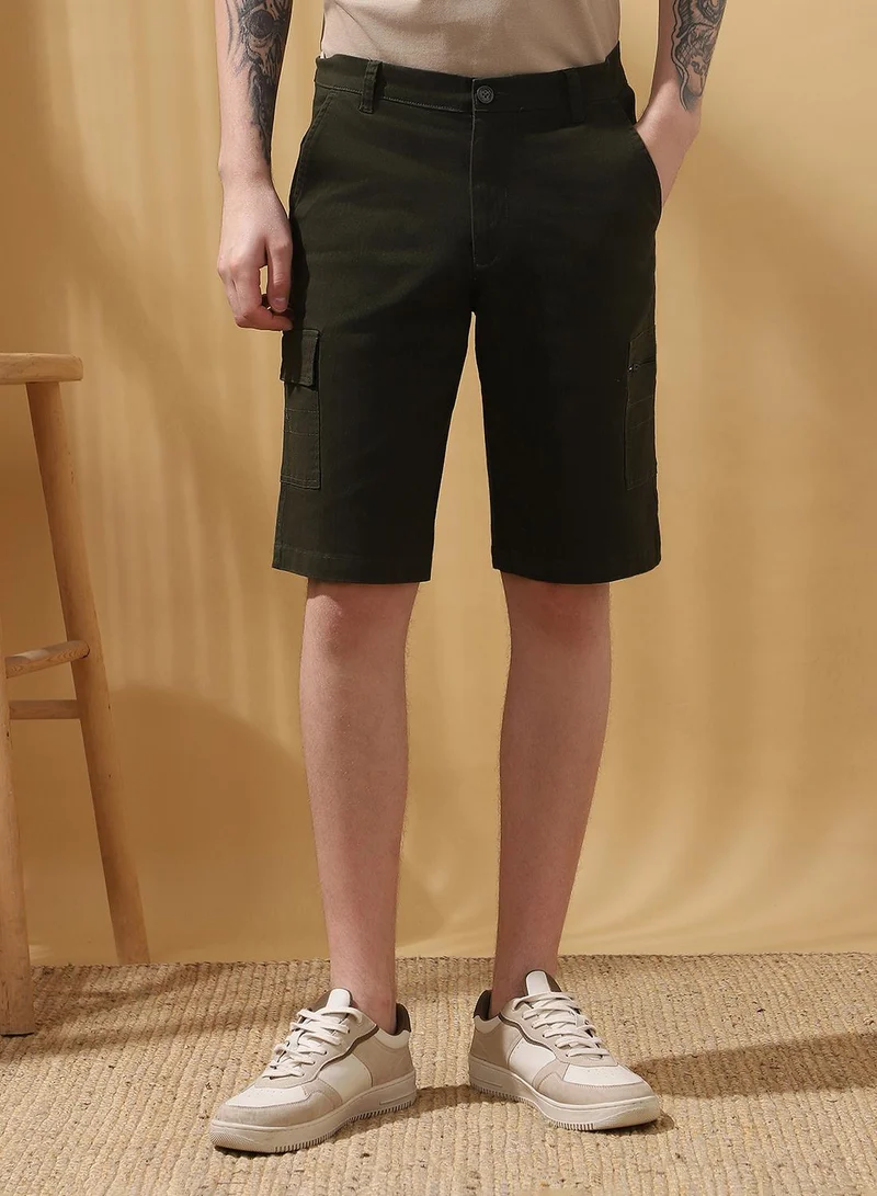 Dennis Lingo Men's Olive 100% Cotton Solid Cropped Cargo Regular Fit Shorts