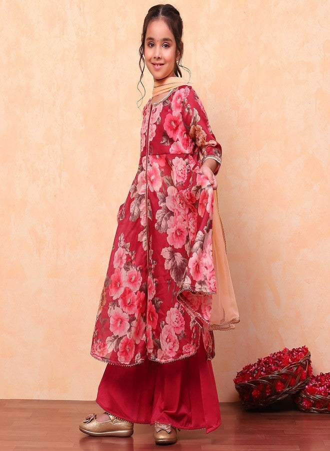 Biba Girls Wine Flared Poly Modal Printed Kurta suit set - Image 2