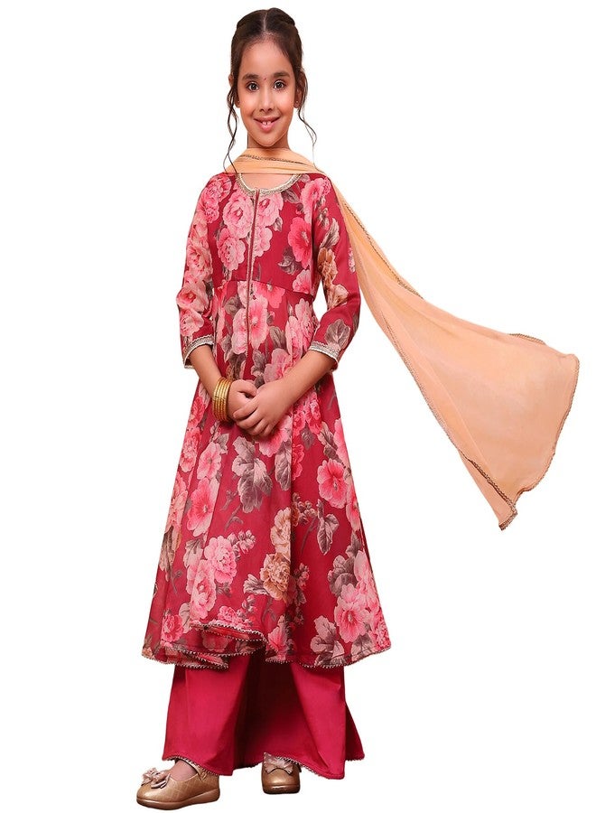 Biba Girls Wine Flared Poly Modal Printed Kurta suit set - Image 1