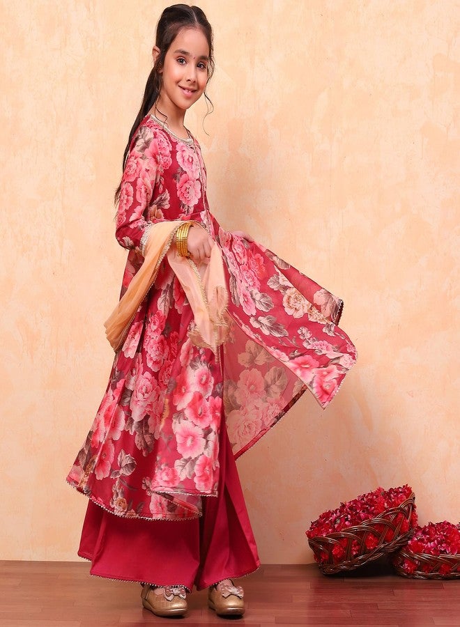 Biba Girls Wine Flared Poly Modal Printed Kurta suit set - Image 4