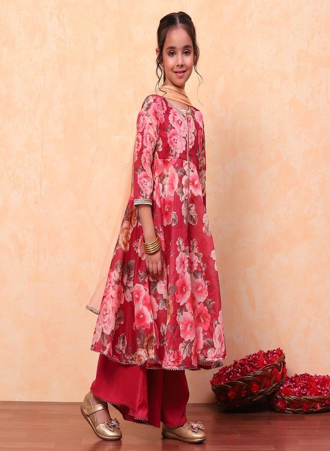 Biba Girls Wine Flared Poly Modal Printed Kurta suit set - Image 3