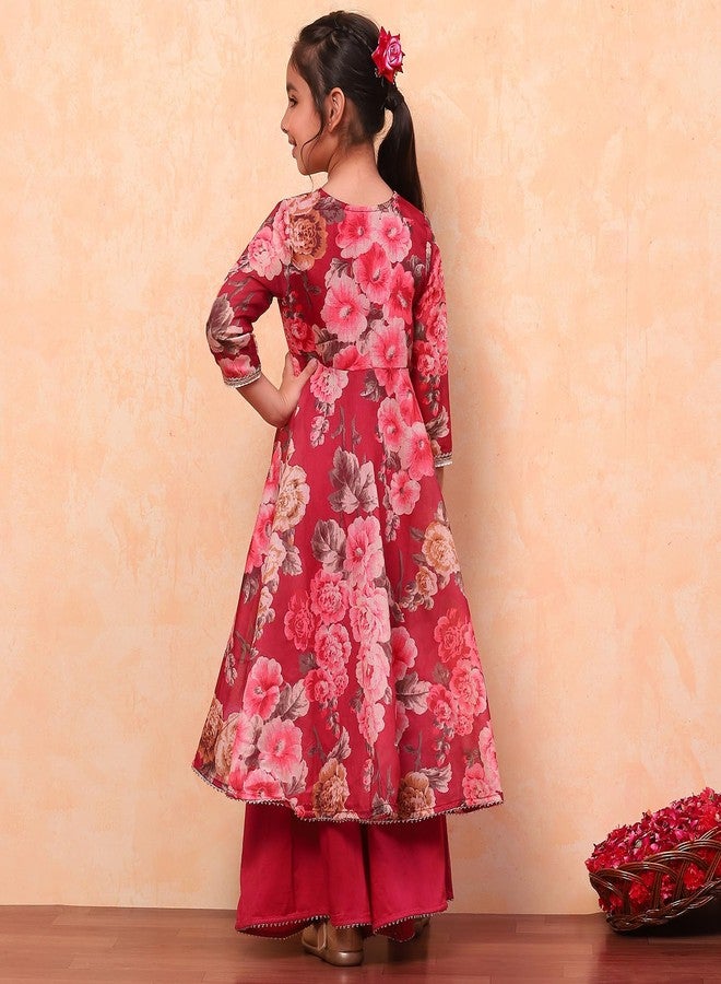 Biba Girls Wine Flared Poly Modal Printed Kurta suit set - Image 5