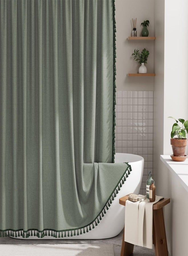 AmazerBath Farmhouse Shower Curtain, Sage Green Linen Shower Curtain with 3 Side Green Tassel, Boho Shower Curtain Set with 12 Upgraded Hooks for Neutral Country Bathroom, 72x72 Inches - Image 1