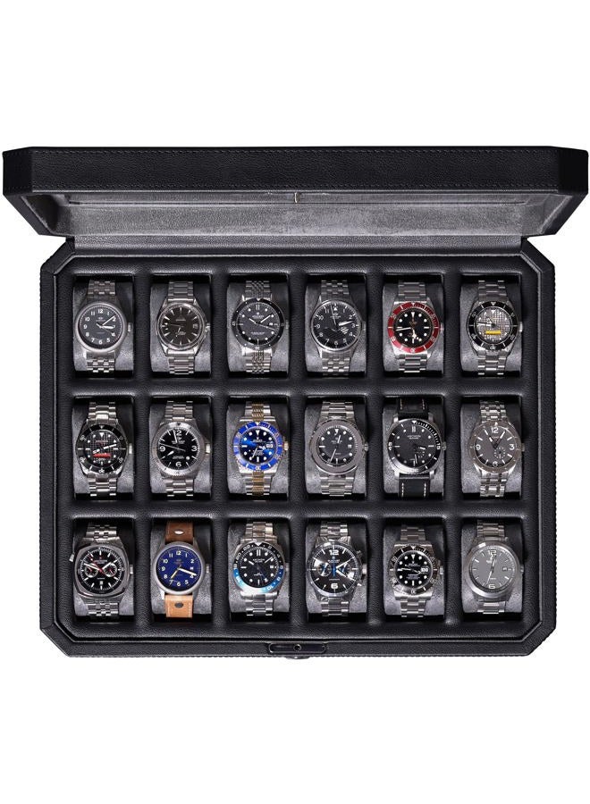 ROTHWELL 18-Slot Watch Case – Luxury Watch Box for Men, Real Glass Top, Lockable, Elegant Display for Collections (Black/Grey) - Image 1