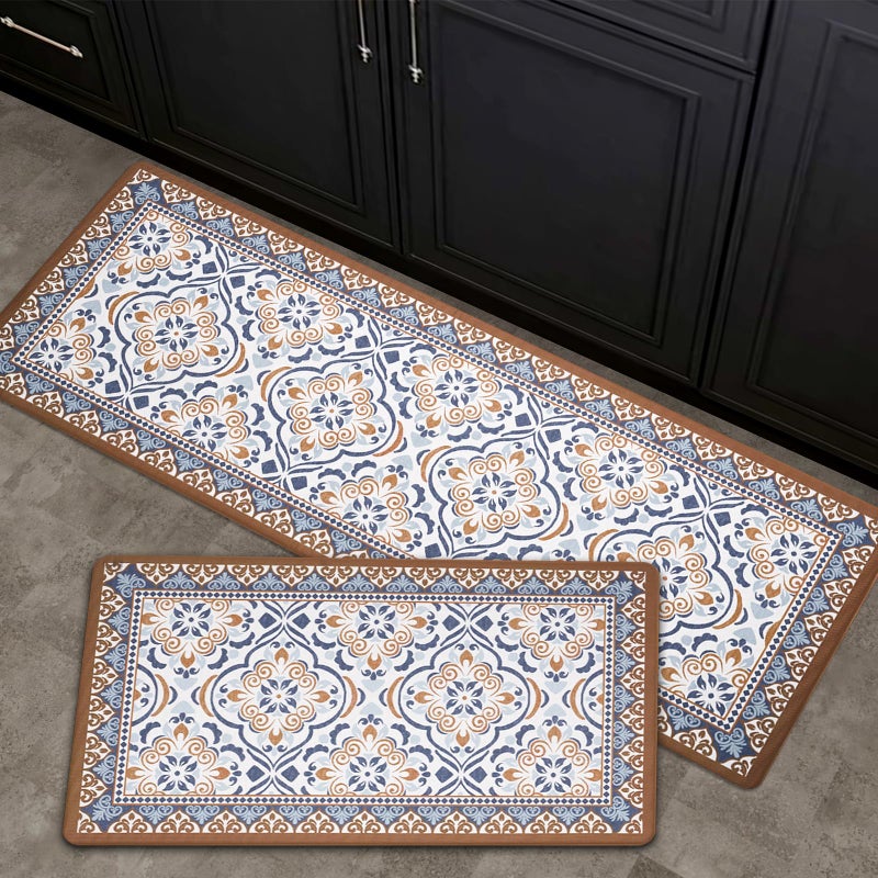 FRESHMINT Anti Fatigue Kitchen Mats for Floor 2 Piece Set, Waterproof & Non-Skid Moroccan Tile Kitchen Rugs, Cushioned Kitchen Mat for Standing Washable Comfort Desk Kitchen Runners, 17x30+17x47 - Image 1