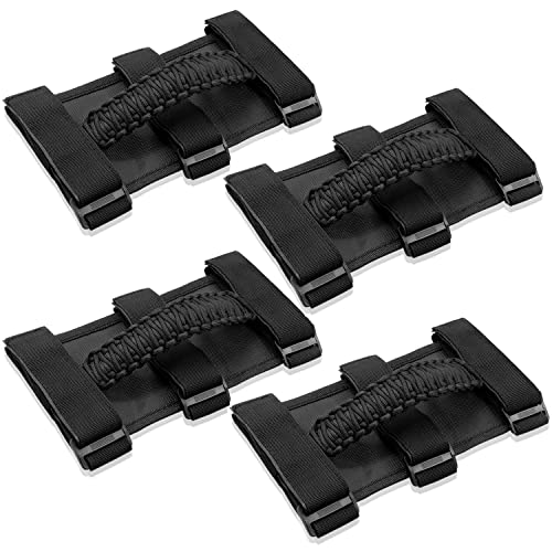 Kujunpao 4 X Roll Bar Grab Handles Grip Handle Compatible with Jeep Wrangler JLU JK JKU TJ YJ LJ JT JL & Gladiator JT 1987-2021 UTV & ATV, Fits 1.5 to 3 Inch Bars 3 Straps Woven Holder(Black) - Image 1