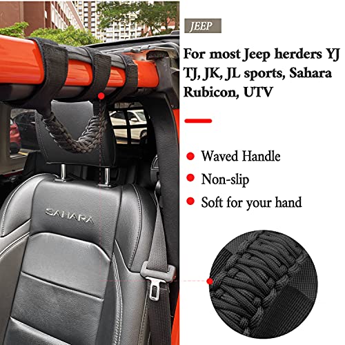 Kujunpao 4 X Roll Bar Grab Handles Grip Handle Compatible with Jeep Wrangler JLU JK JKU TJ YJ LJ JT JL & Gladiator JT 1987-2021 UTV & ATV, Fits 1.5 to 3 Inch Bars 3 Straps Woven Holder(Black) - Image 2