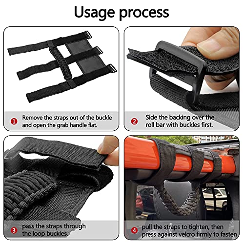 Kujunpao 4 X Roll Bar Grab Handles Grip Handle Compatible with Jeep Wrangler JLU JK JKU TJ YJ LJ JT JL & Gladiator JT 1987-2021 UTV & ATV, Fits 1.5 to 3 Inch Bars 3 Straps Woven Holder(Black) - Image 3