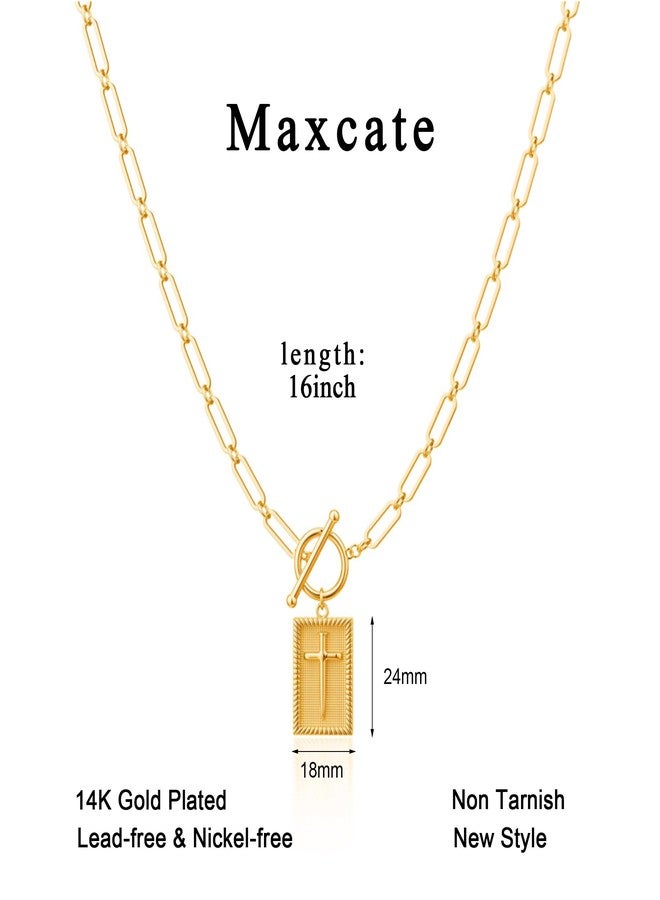 Maxcate Gold Cross Necklace for Women Trendy Non Tarnish, Dainty 14K Gold Plated Paperclip Toggle Clasp Chain Necklace Rectangle Pendant Christian Religious Necklaces Gold Jewelry for Women Gifts - Image 4