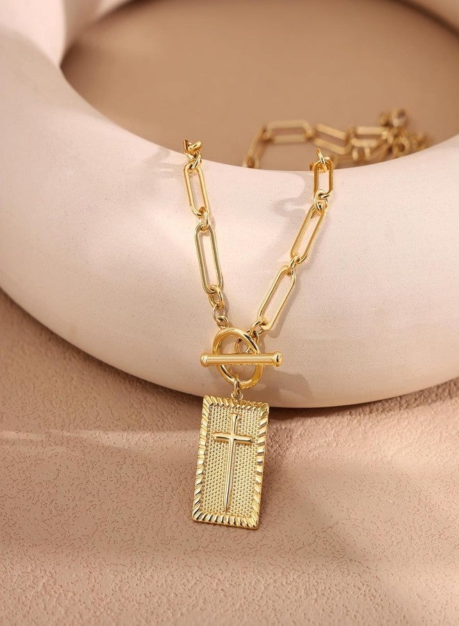 Maxcate Gold Cross Necklace for Women Trendy Non Tarnish, Dainty 14K Gold Plated Paperclip Toggle Clasp Chain Necklace Rectangle Pendant Christian Religious Necklaces Gold Jewelry for Women Gifts - Image 3