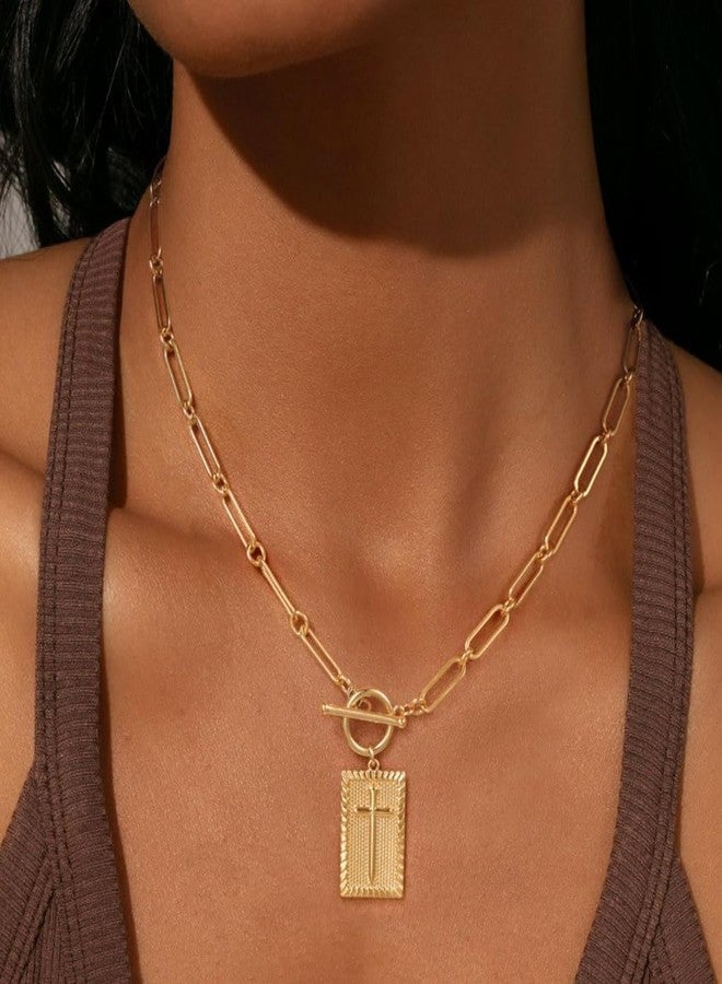 Maxcate Gold Cross Necklace for Women Trendy Non Tarnish, Dainty 14K Gold Plated Paperclip Toggle Clasp Chain Necklace Rectangle Pendant Christian Religious Necklaces Gold Jewelry for Women Gifts - Image 2