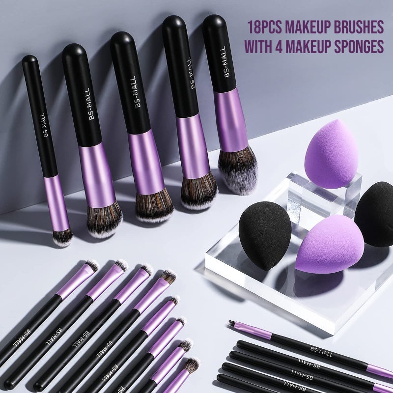 BS Mall BS-MALL Makeup Brushes Premium Synthetic Foundation Powder Concealers Eye Shadows Makeup 18 Pcs Brush Set with 4 Pcs Makeup sponge Set - Image 2