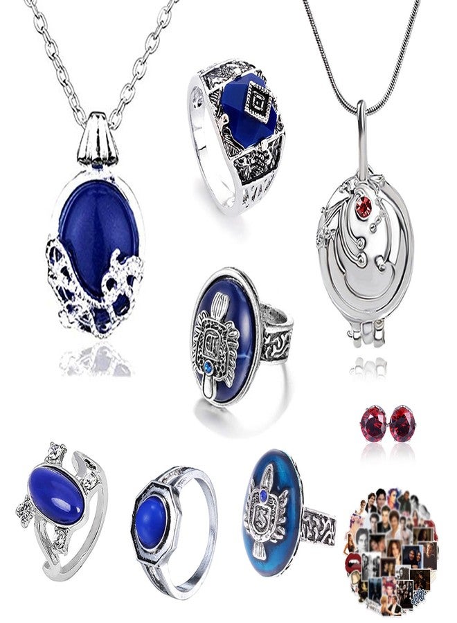 UoYu 28 pcs The Vampire Jewelry Sticker Set Elena Gilbert Opening Vervain Locket Pendant Necklace Sapphire Crystal Daylight Family Crest Rings Diamond Stud Earrings - Image 1