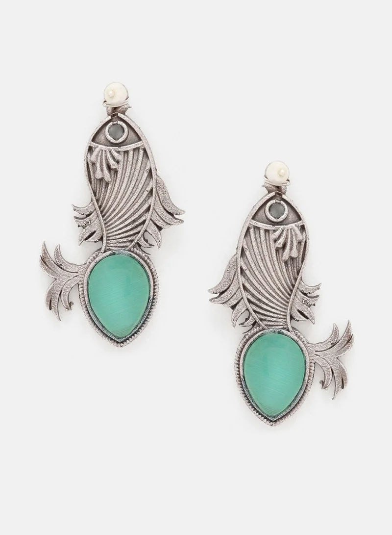 Priyaasi Plated Onyx Fish Shaped Oxidized Drop Earrings