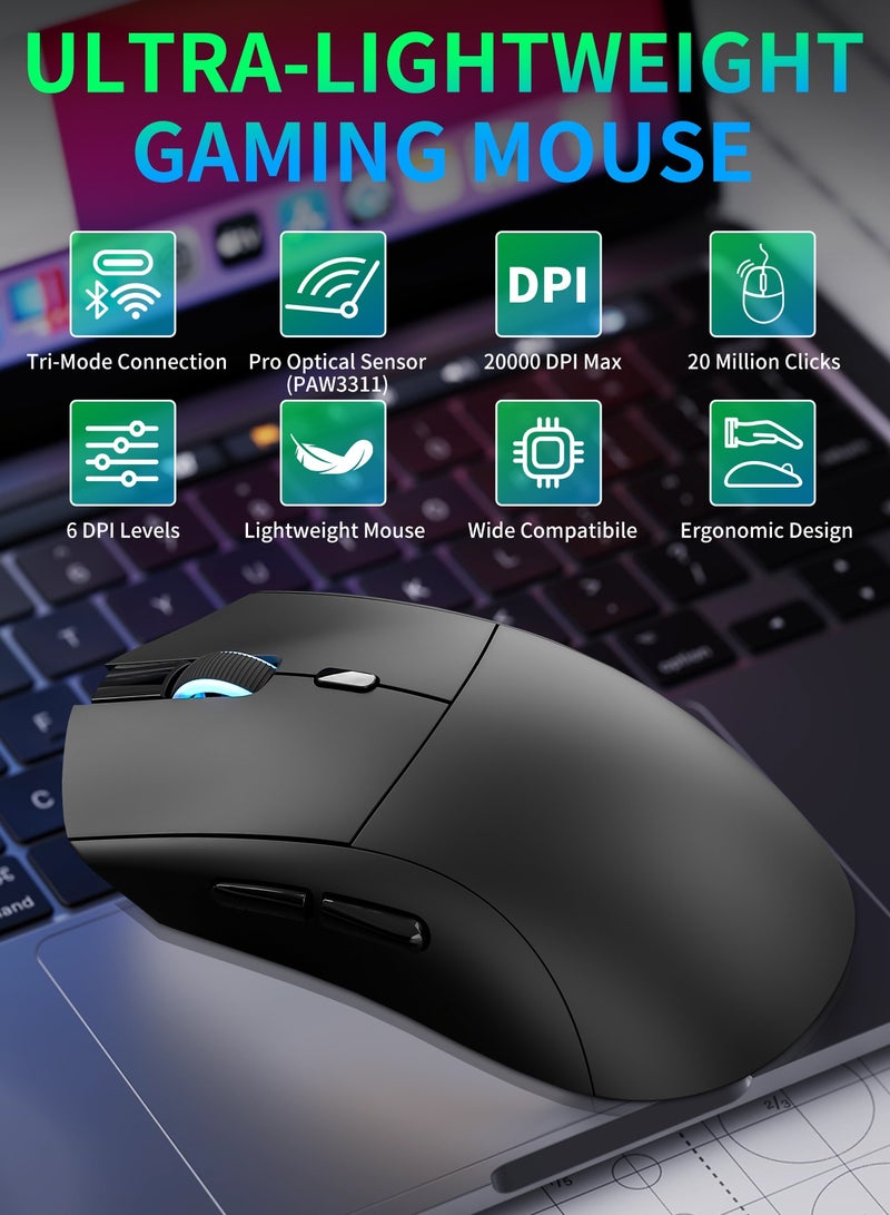 UCHUANG RS7 Lightweight Wireless Gaming Mouse,Tri-Mode(2.4G/USB-C Wired/Bluetooth),6 DPI Adjustable up to 20000,PAW3311 Optical Sensor,500mAh Long Battery,8 Buttons for PC/Laptop/Win/Mac(Black)  - Image 2
