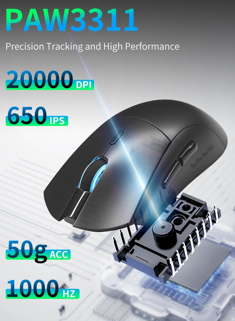 UCHUANG RS7 Lightweight Wireless Gaming Mouse,Tri-Mode(2.4G/USB-C Wired/Bluetooth),6 DPI Adjustable up to 20000,PAW3311 Optical Sensor,500mAh Long Battery,8 Buttons for PC/Laptop/Win/Mac(Black)  - Image 5