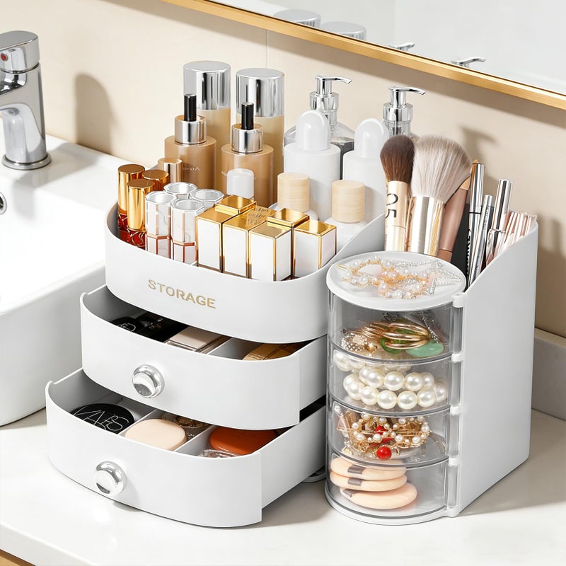 XIAPIA Makeup Organizer Countertop, Make Up Organizer for Vanity, Skincare & Cosmetic Organizers with Drawers, Bathroom Organizers Storage for Brush Holder|Lipstick|Jewelry, Ideal Gift for Women WHITE - Image 2