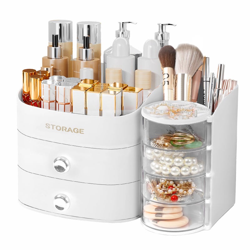 XIAPIA Makeup Organizer Countertop, Make Up Organizer for Vanity, Skincare & Cosmetic Organizers with Drawers, Bathroom Organizers Storage for Brush Holder|Lipstick|Jewelry, Ideal Gift for Women WHITE - Image 1