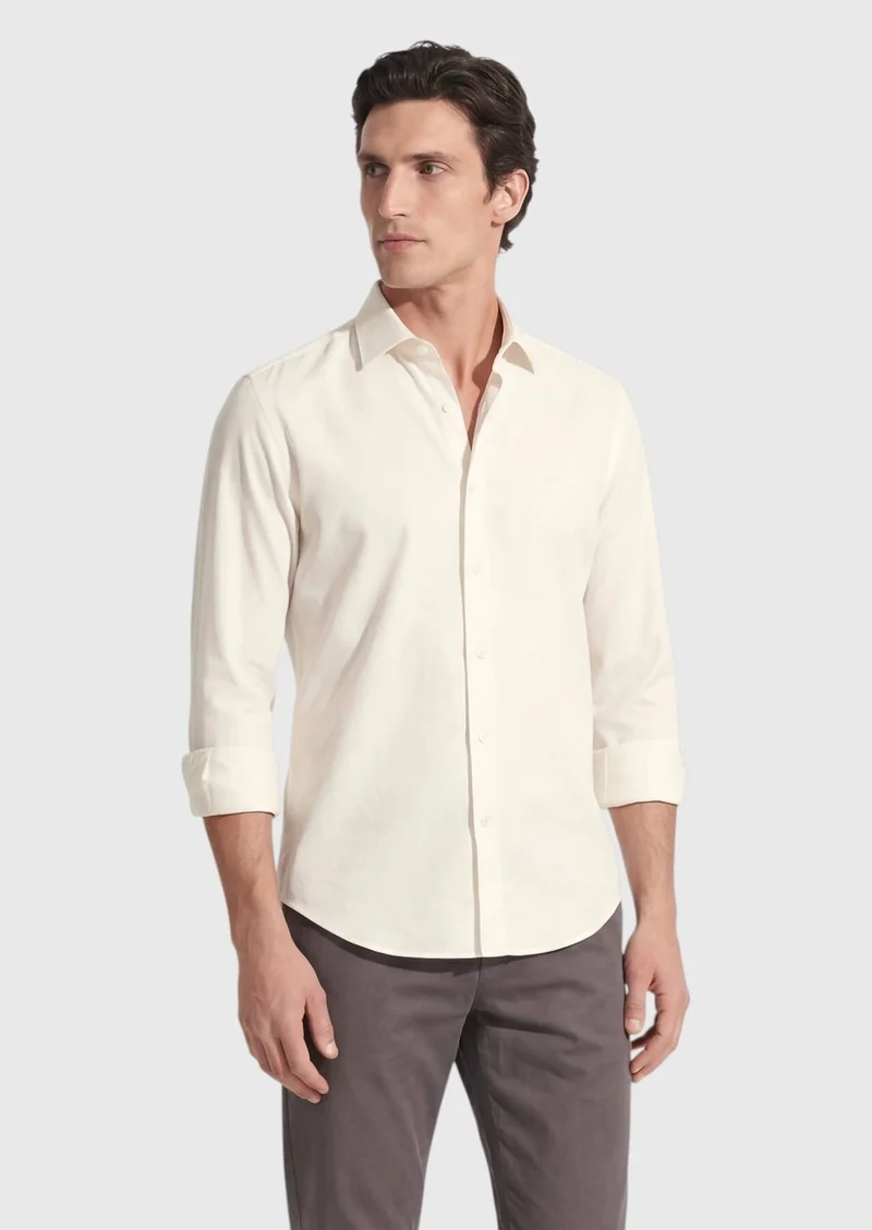 RAMSEY Beige Plain Casual Fit Long Weaving Casual 100% Cotton Shirt